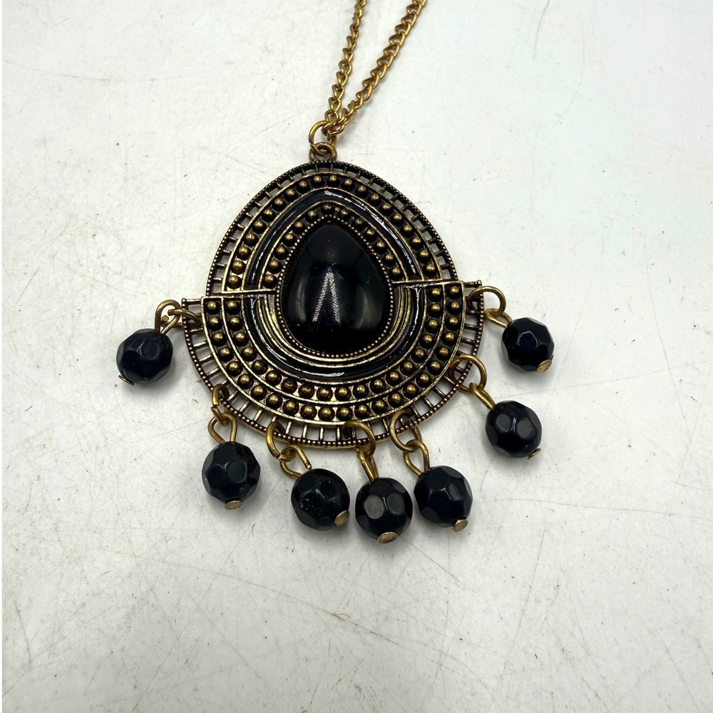 Vintage Gold Tone Black Teardrop Pendant Necklace Boho Statement Fringe Beads